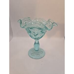 Vintage L.E. Smith Light Teal Moon And Stars Compote Candy Dish
